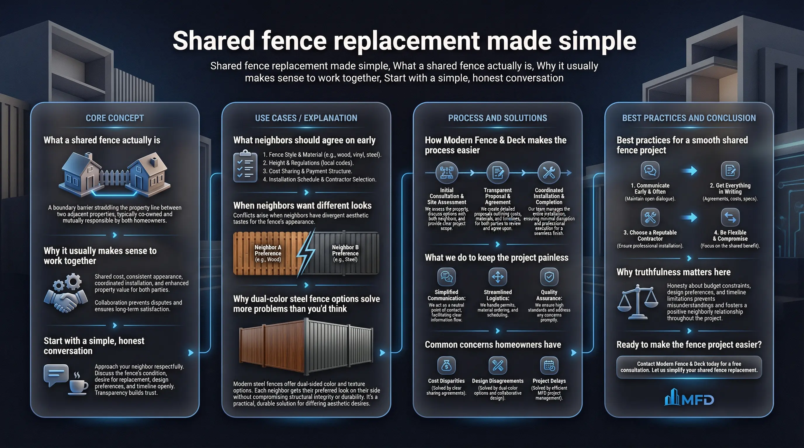 Shared fence replacement made simple infographic covering neighbor communication, planning, design alignment, and project coordination