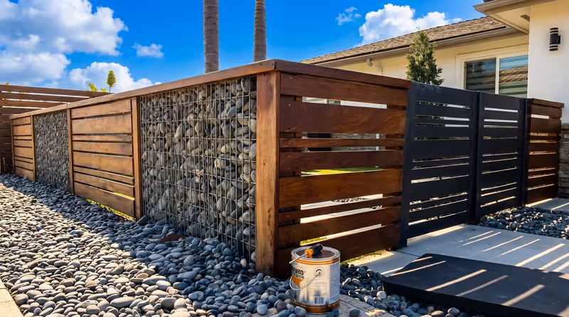 Custom IPE fence with gabion wall in Pacific Beach