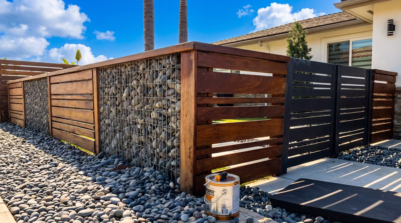 Custom IPE fence with gabion wall in Pacific Beach