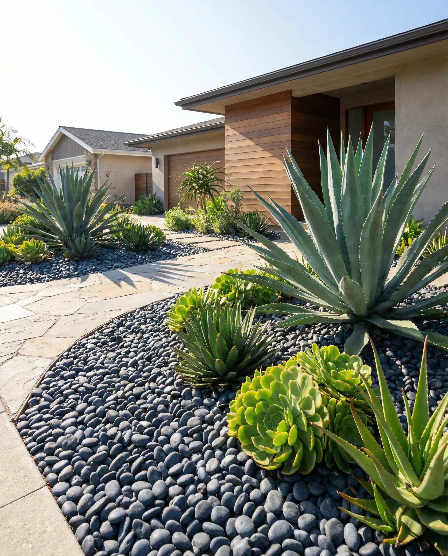 Mexican beach pebble garden beds with succulents